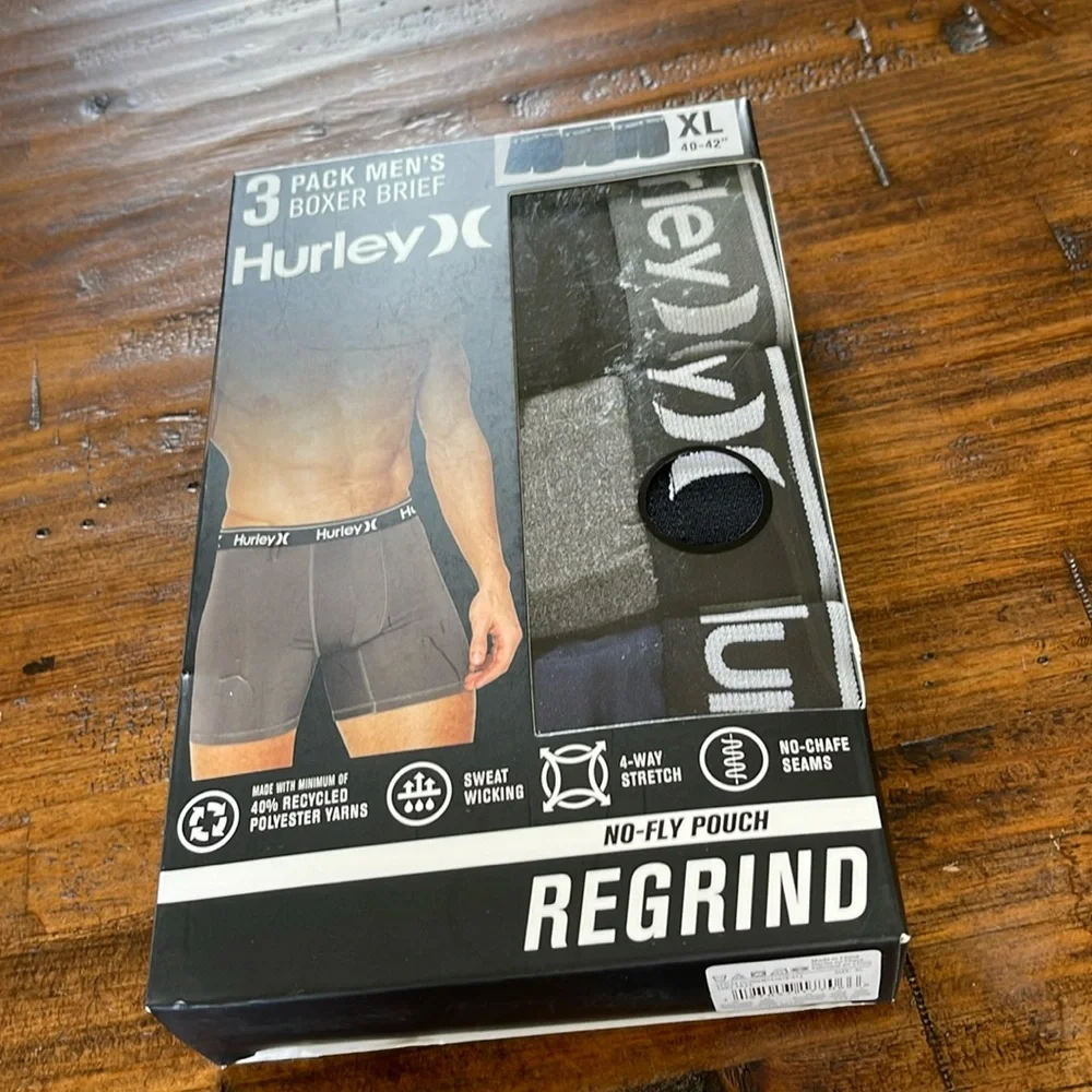 Hurley 3 Pack Boxer Briefs XL All Black, Grey, Blue